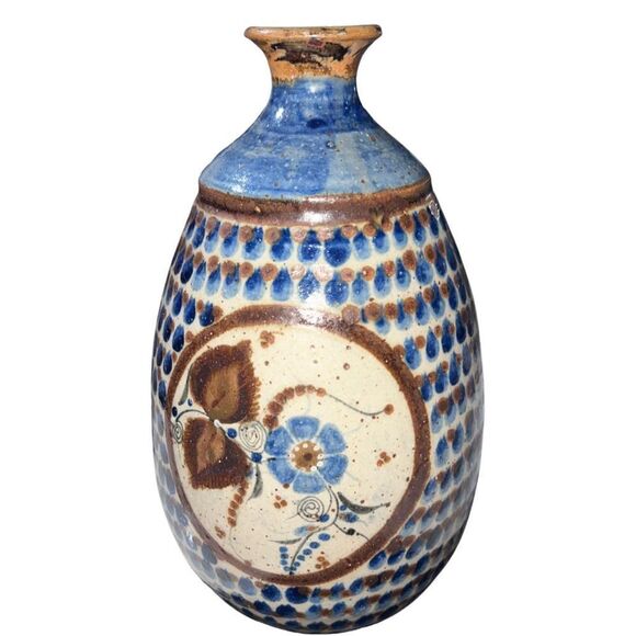 Antique Vtg Pottery Vase Mid Century Ceramic Floral Design Folk Art Decor Blue